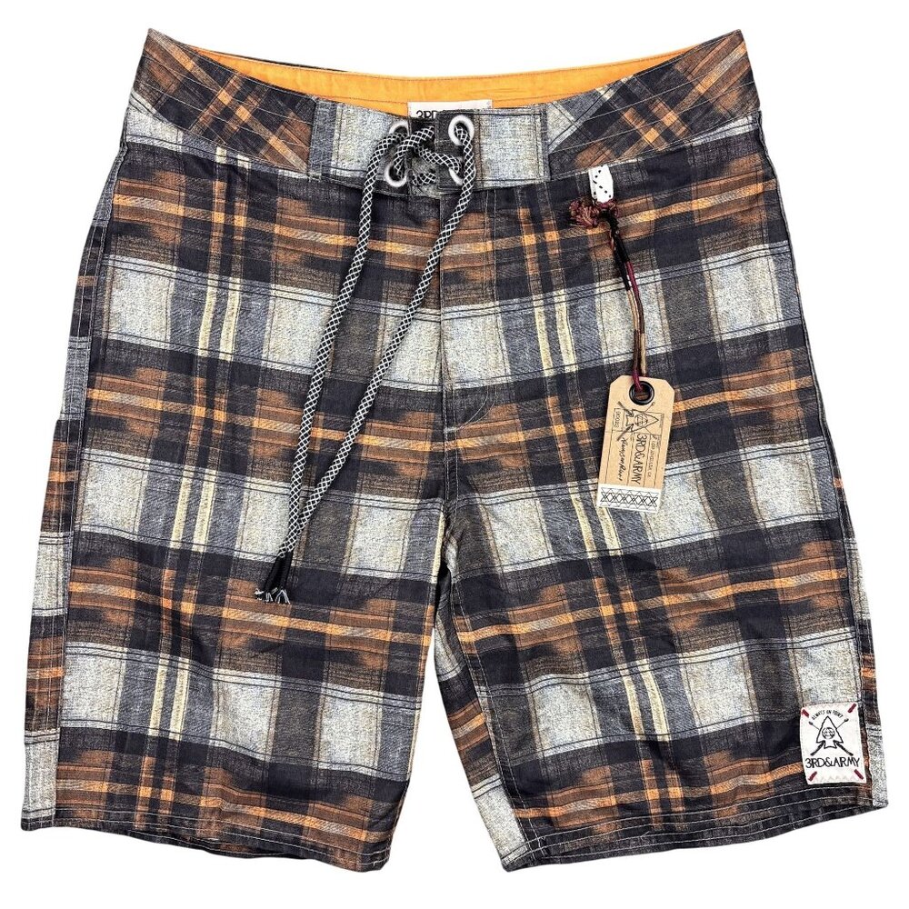3rd & Army Mens Plaid Board Shorts With Drawstring & Button Fly Orange/Black 32